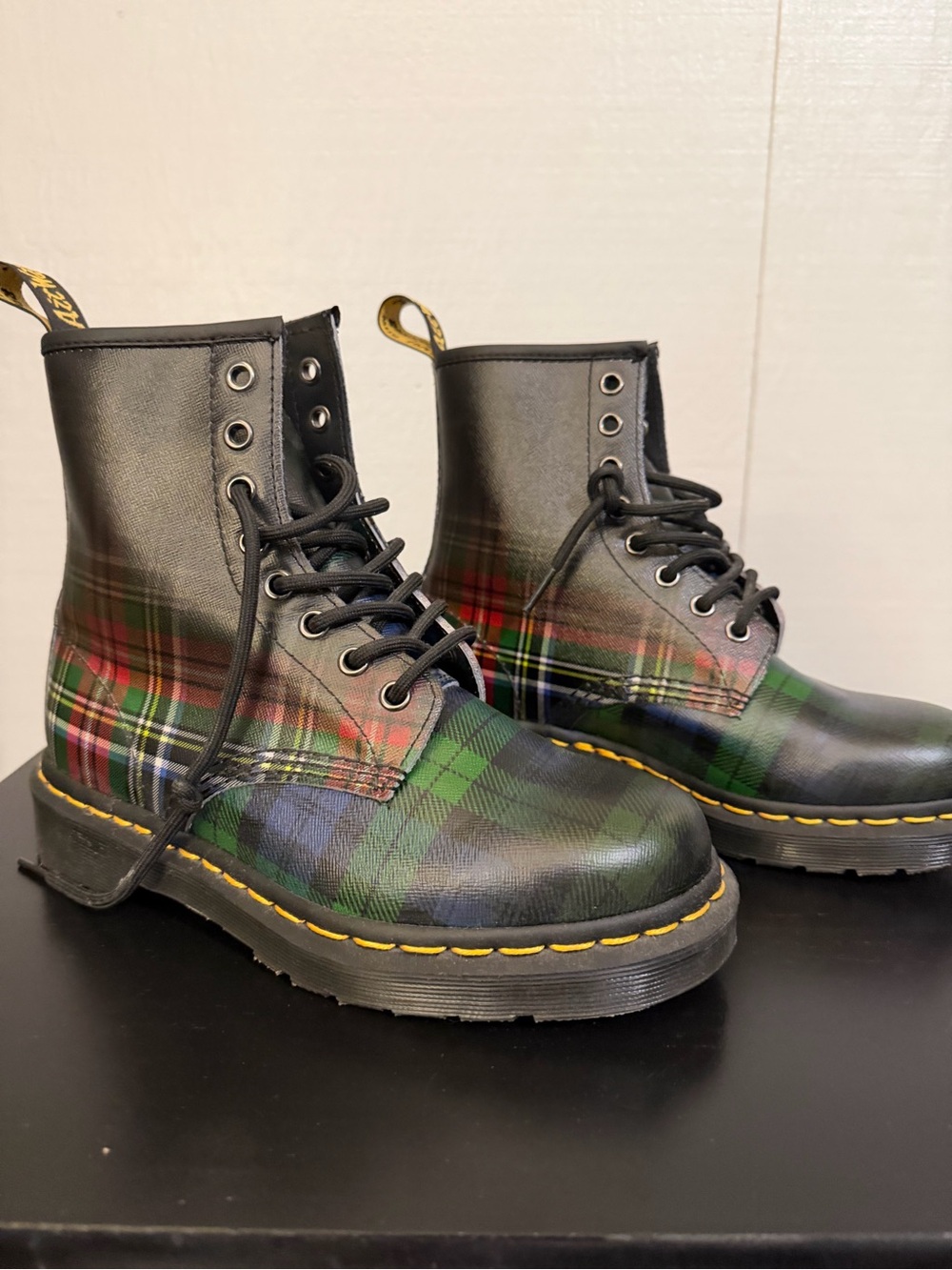 Dr. Martens Black Leather Boots with Red & Green Tartan Plaid